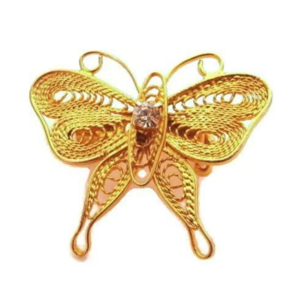 Vintage‎ Clear Rhinestone Gold Plated Filigree Butterfly Insect Brooch Pin